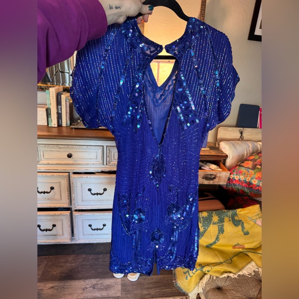 Vintage Scala Stunning Blue Sequin Silk Mini Dress - Picture 9 of 12